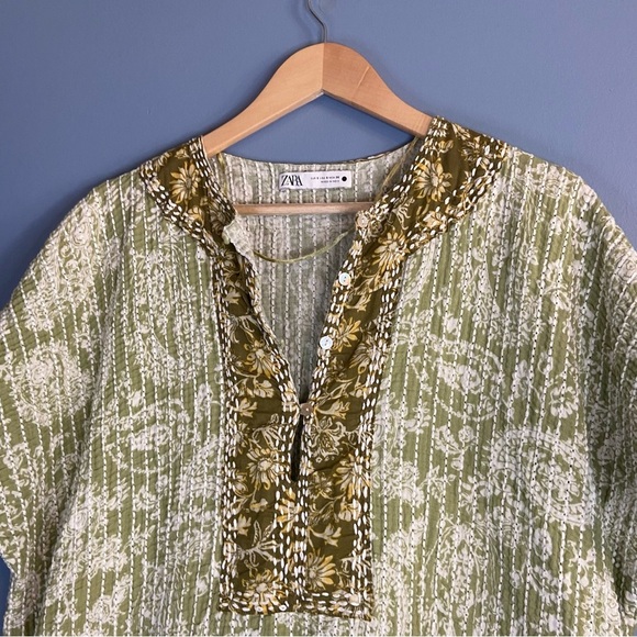 Zara Green Boho Print Quilted Tunic Mini Dress - Picture 5 of 10